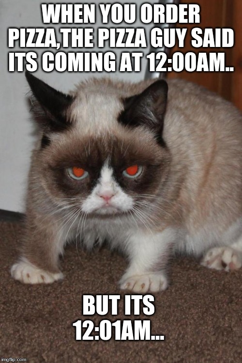 Grumpy Cat red eyes | WHEN YOU ORDER PIZZA,THE PIZZA GUY SAID ITS COMING AT 12:00AM.. BUT ITS 12:01AM... | image tagged in grumpy cat red eyes | made w/ Imgflip meme maker