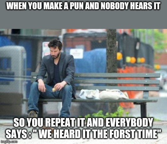 Sad Keanu | WHEN YOU MAKE A PUN AND NOBODY HEARS IT; SO YOU REPEAT IT AND EVERYBODY SAYS : " WE HEARD IT THE FORST TIME" | image tagged in memes,sad keanu | made w/ Imgflip meme maker