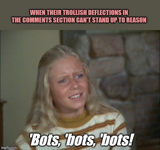 marcia marcia marcia | WHEN THEIR TROLLISH DEFLECTIONS IN THE COMMENTS SECTION CAN'T STAND UP TO REASON; 'Bots, 'bots, 'bots! | image tagged in marcia marcia marcia | made w/ Imgflip meme maker