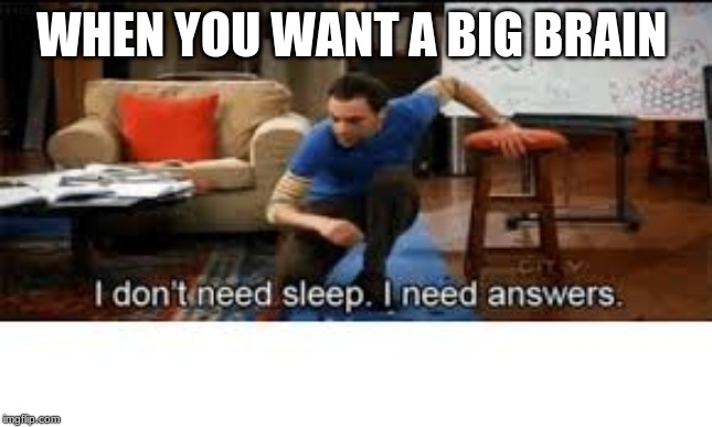 i dont need sleep i need answers | WHEN YOU WANT A BIG BRAIN | image tagged in i dont need sleep i need answers | made w/ Imgflip meme maker
