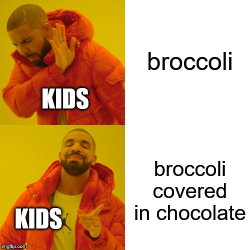 Drake Hotline Bling | broccoli; KIDS; broccoli covered in chocolate; KIDS | image tagged in memes,drake hotline bling | made w/ Imgflip meme maker