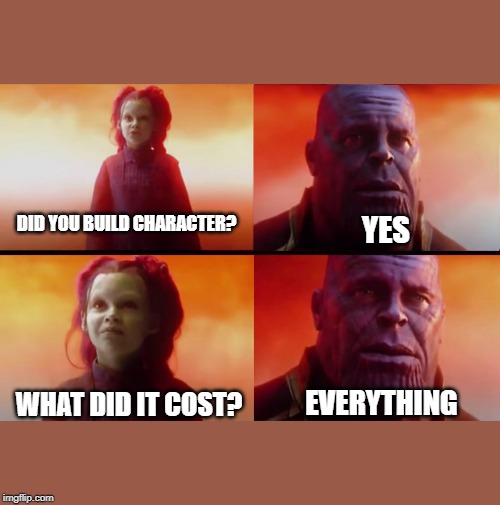 thanos what did it cost | YES; DID YOU BUILD CHARACTER? WHAT DID IT COST? EVERYTHING | image tagged in thanos what did it cost | made w/ Imgflip meme maker