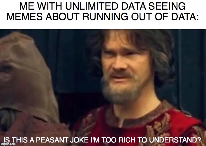 Is this some peasant joke | ME WITH UNLIMITED DATA SEEING MEMES ABOUT RUNNING OUT OF DATA: IS THIS A PEASANT JOKE I'M TOO RICH TO UNDERSTAND? | image tagged in is this some peasant joke | made w/ Imgflip meme maker