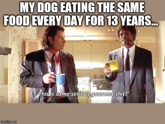 This is some serious gourmet shit | MY DOG EATING THE SAME FOOD EVERY DAY FOR 13 YEARS... | image tagged in this is some serious gourmet shit | made w/ Imgflip meme maker