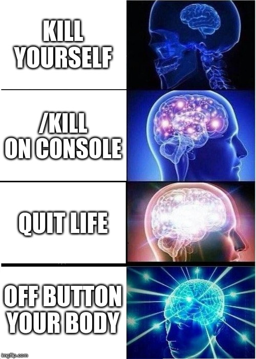 Expanding Brain Meme | KILL YOURSELF; /KILL ON CONSOLE; QUIT LIFE; OFF BUTTON YOUR BODY | image tagged in memes,expanding brain | made w/ Imgflip meme maker