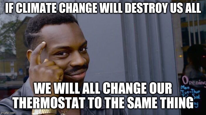 Roll Safe Think About It | IF CLIMATE CHANGE WILL DESTROY US ALL; WE WILL ALL CHANGE OUR THERMOSTAT TO THE SAME THING | image tagged in memes,roll safe think about it | made w/ Imgflip meme maker