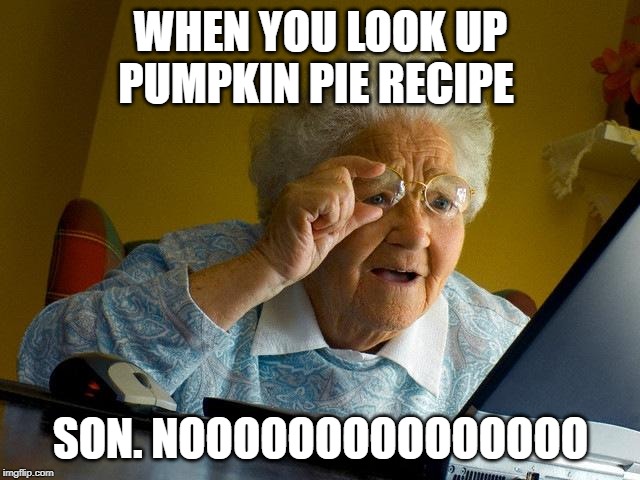 Grandma Finds The Internet | WHEN YOU LOOK UP PUMPKIN PIE RECIPE; SON. NOOOOOOOOOOOOOOO | image tagged in memes,grandma finds the internet | made w/ Imgflip meme maker