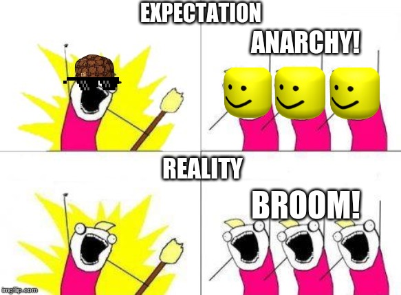 What Do We Want Meme | EXPECTATION; ANARCHY! REALITY; BROOM! | image tagged in memes,what do we want | made w/ Imgflip meme maker