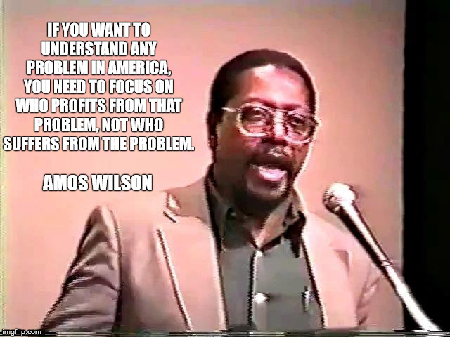 IF YOU WANT TO UNDERSTAND ANY PROBLEM IN AMERICA, YOU NEED TO FOCUS ON WHO PROFITS FROM THAT PROBLEM, NOT WHO SUFFERS FROM THE PROBLEM. AMOS WILSON | image tagged in politics | made w/ Imgflip meme maker