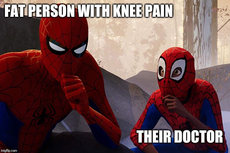 Learning from spiderman | FAT PERSON WITH KNEE PAIN; THEIR DOCTOR | image tagged in learning from spiderman | made w/ Imgflip meme maker