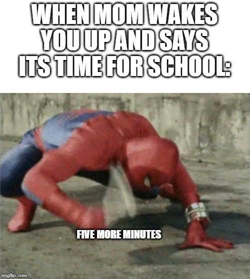 Spiderman wrench | WHEN MOM WAKES YOU UP AND SAYS ITS TIME FOR SCHOOL:; FIVE MORE MINUTES | image tagged in spiderman wrench | made w/ Imgflip meme maker