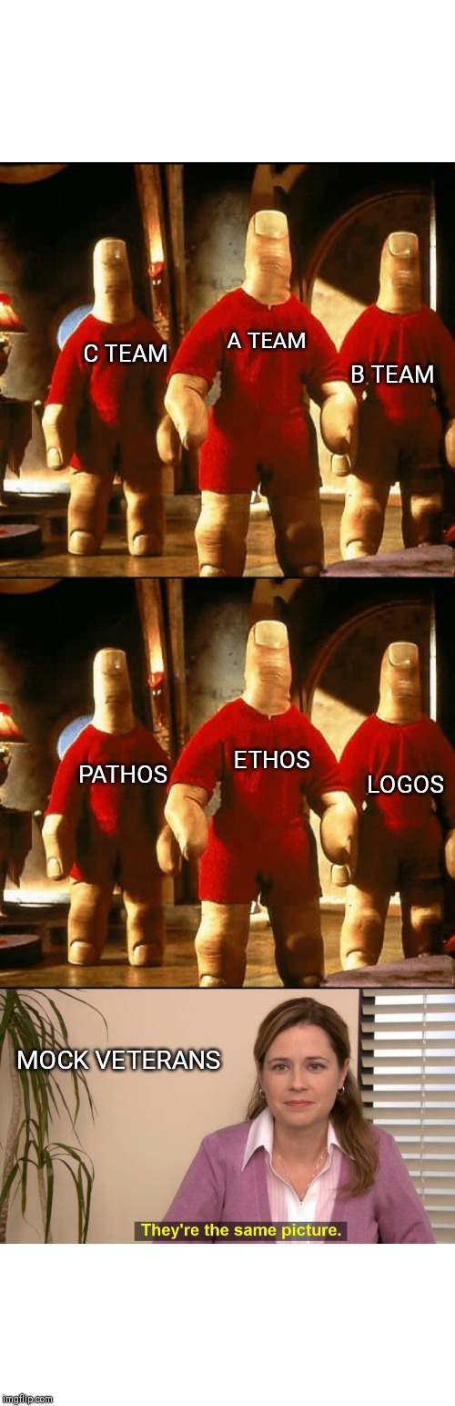 A TEAM; C TEAM; B TEAM; ETHOS; PATHOS; LOGOS; MOCK VETERANS | image tagged in spot the difference | made w/ Imgflip meme maker