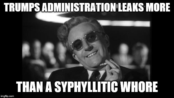 dr strangelove | TRUMPS ADMINISTRATION LEAKS MORE THAN A SYPHYLLITIC W**RE | image tagged in dr strangelove | made w/ Imgflip meme maker