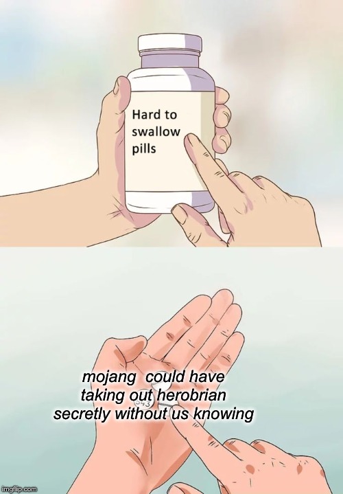 Hard To Swallow Pills Meme | mojang  could have taking out herobrian secretly without us knowing | image tagged in memes,hard to swallow pills | made w/ Imgflip meme maker
