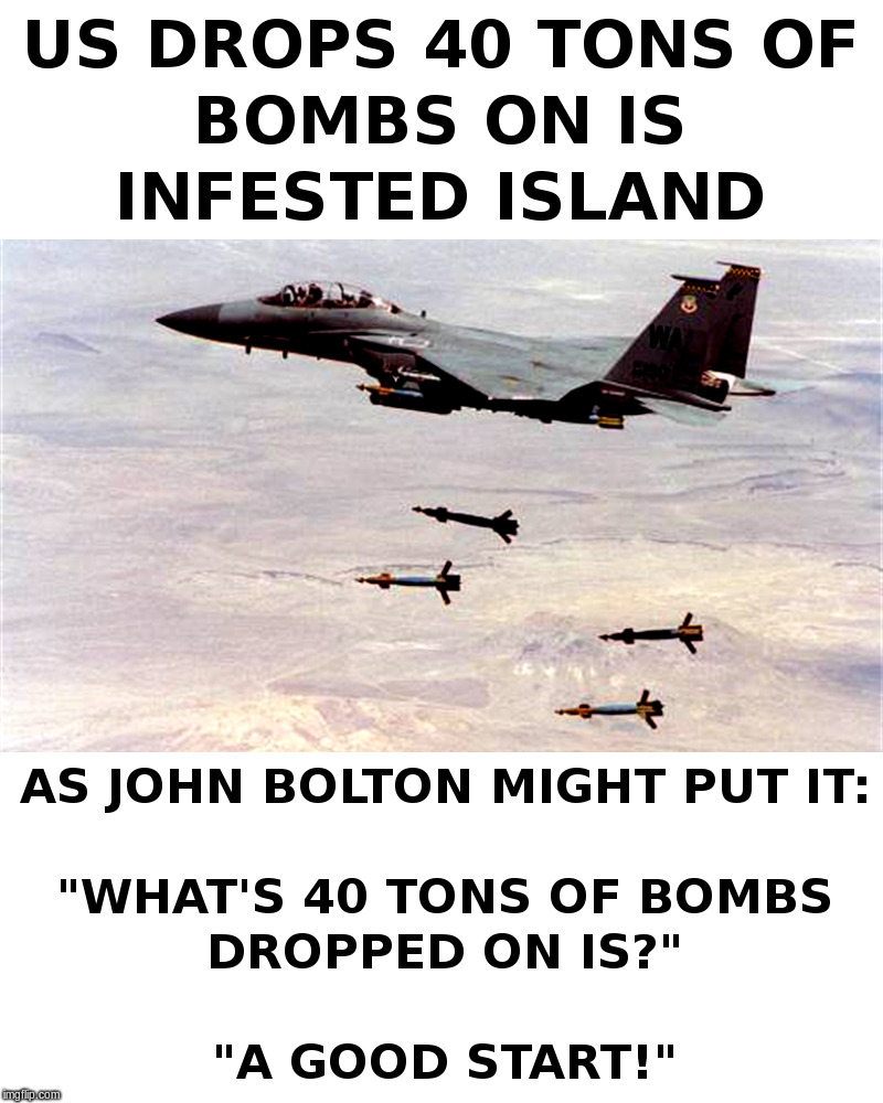 US Drops 40 Tons of Bombs on IS | image tagged in terrorists,islamic state,john bolton | made w/ Imgflip meme maker