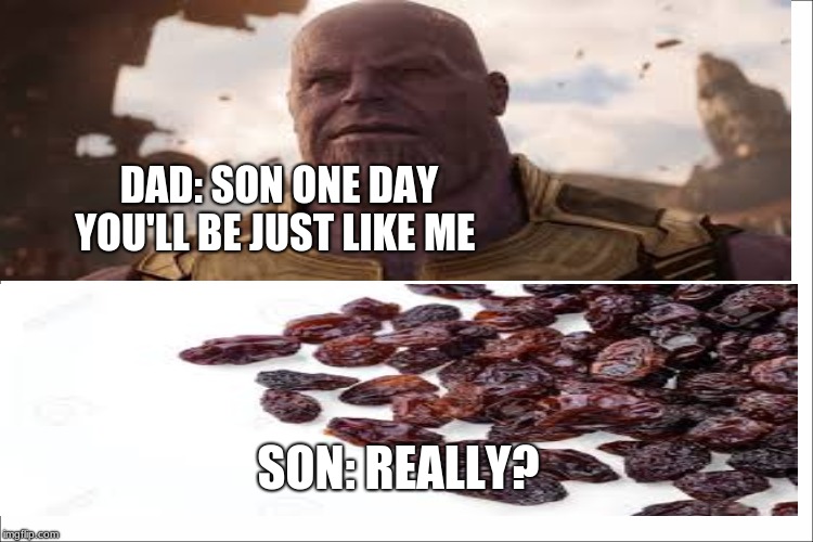 father son moments | DAD: SON ONE DAY YOU'LL BE JUST LIKE ME; SON: REALLY? | image tagged in thanos | made w/ Imgflip meme maker