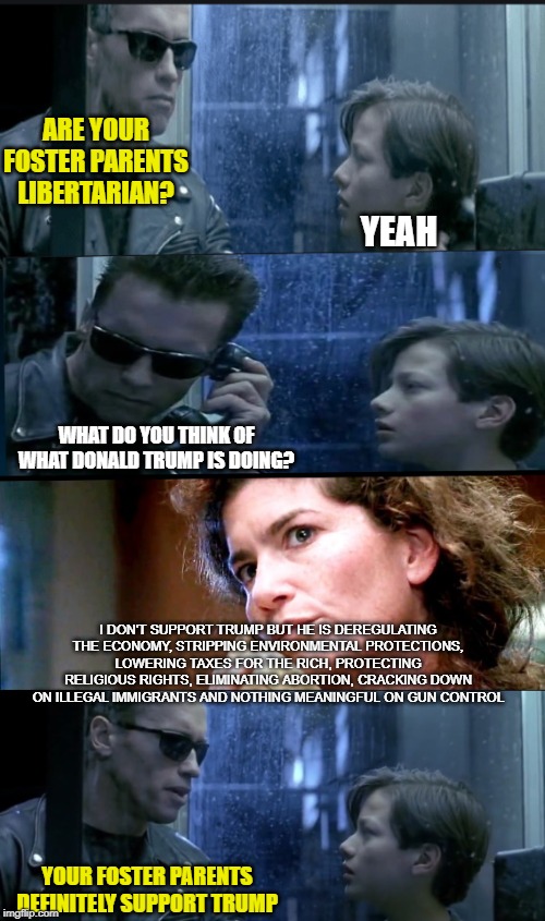 ARE YOUR FOSTER PARENTS LIBERTARIAN? YEAH; WHAT DO YOU THINK OF WHAT DONALD TRUMP IS DOING? I DON'T SUPPORT TRUMP BUT HE IS DEREGULATING THE ECONOMY, STRIPPING ENVIRONMENTAL PROTECTIONS, LOWERING TAXES FOR THE RICH, PROTECTING RELIGIOUS RIGHTS, ELIMINATING ABORTION, CRACKING DOWN ON ILLEGAL IMMIGRANTS AND NOTHING MEANINGFUL ON GUN CONTROL; YOUR FOSTER PARENTS DEFINITELY SUPPORT TRUMP | image tagged in donald trump | made w/ Imgflip meme maker