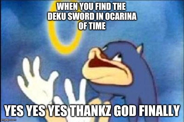 Sonic derp | WHEN YOU FIND THE 
DEKU SWORD IN OCARINA
OF TIME; YES YES YES THANKZ GOD FINALLY | image tagged in sonic derp | made w/ Imgflip meme maker