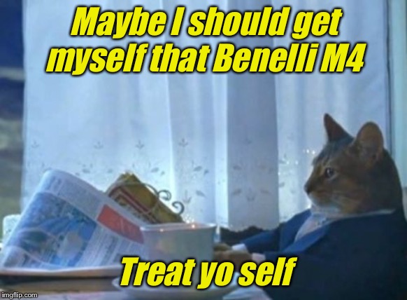 I Should Buy A Boat Cat | Maybe I should get myself that Benelli M4; Treat yo self | image tagged in memes,i should buy a boat cat | made w/ Imgflip meme maker