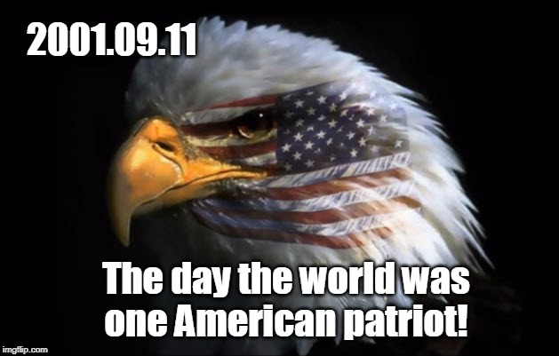 9/11/2001 NEVER FORGET! | 2001.09.11; The day the world was
one American patriot! | image tagged in 9/11,terrorism,usa,bald eagle,american flag,patriotism | made w/ Imgflip meme maker