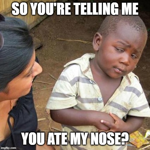 Third World Skeptical Kid Meme | SO YOU'RE TELLING ME; YOU ATE MY NOSE? | image tagged in memes,third world skeptical kid | made w/ Imgflip meme maker
