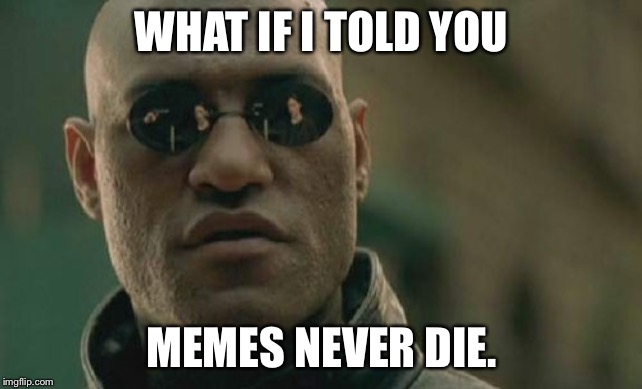 Memes live forever | WHAT IF I TOLD YOU; MEMES NEVER DIE. | image tagged in memes,matrix morpheus,die,live,internet,social media | made w/ Imgflip meme maker