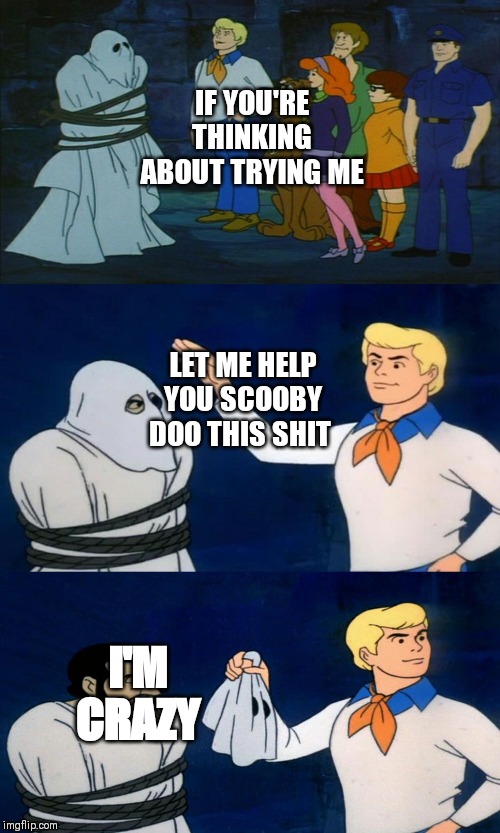 Scooby Doo The Ghost | IF YOU'RE THINKING ABOUT TRYING ME; LET ME HELP YOU SCOOBY DOO THIS SHIT; I'M CRAZY | image tagged in scooby doo the ghost | made w/ Imgflip meme maker