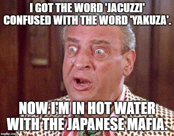Rodney Dangerfield Shocked | I GOT THE WORD 'JACUZZI' CONFUSED WITH THE WORD 'YAKUZA'. NOW I'M IN HOT WATER WITH THE JAPANESE MAFIA. | image tagged in rodney dangerfield shocked | made w/ Imgflip meme maker