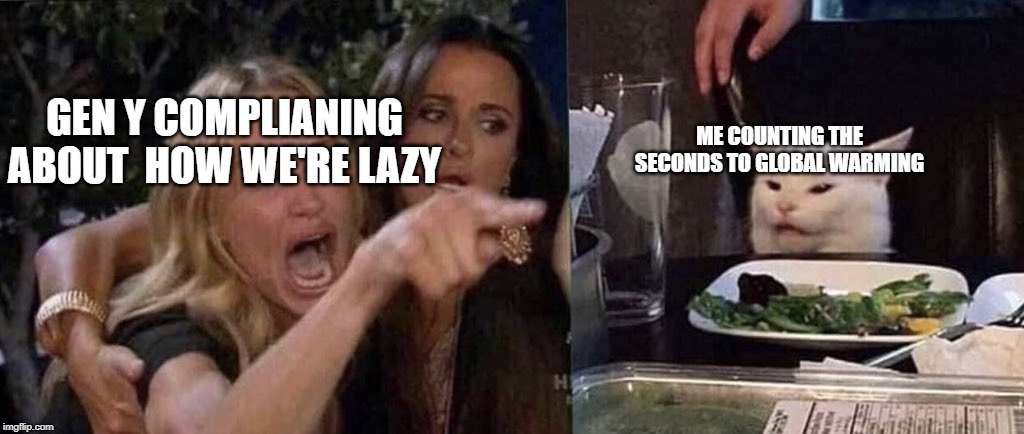woman yelling at cat | ME COUNTING THE SECONDS TO GLOBAL WARMING; GEN Y COMPLIANING ABOUT  HOW WE'RE LAZY | image tagged in woman yelling at cat | made w/ Imgflip meme maker