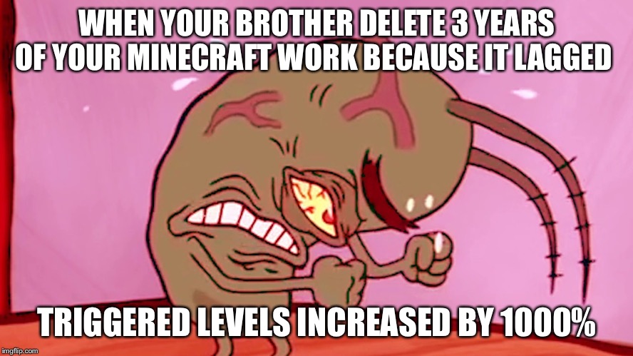 Triggered Plankton | WHEN YOUR BROTHER DELETE 3 YEARS OF YOUR MINECRAFT WORK BECAUSE IT LAGGED; TRIGGERED LEVELS INCREASED BY 1000% | image tagged in triggered plankton | made w/ Imgflip meme maker