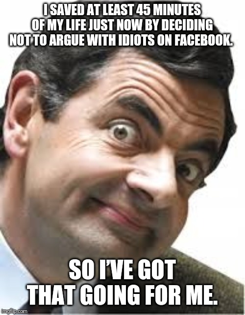 Idiots | I SAVED AT LEAST 45 MINUTES OF MY LIFE JUST NOW BY DECIDING NOT TO ARGUE WITH IDIOTS ON FACEBOOK. SO I’VE GOT THAT GOING FOR ME. | image tagged in idiots | made w/ Imgflip meme maker