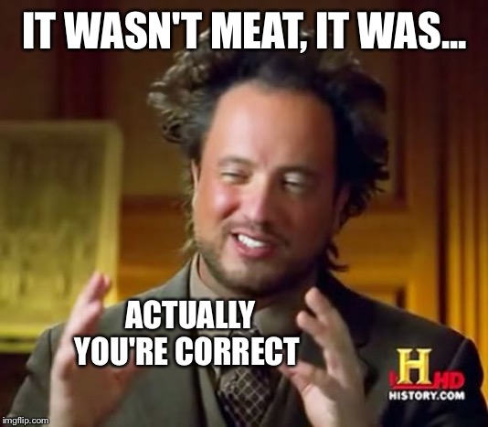 Ancient Aliens Meme | IT WASN'T MEAT, IT WAS... ACTUALLY YOU'RE CORRECT | image tagged in memes,ancient aliens | made w/ Imgflip meme maker