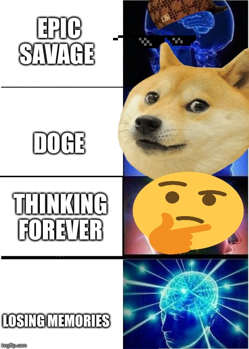 Expanding Brain | EPIC SAVAGE; DOGE; THINKING FOREVER; LOSING MEMORIES | image tagged in memes,expanding brain | made w/ Imgflip meme maker