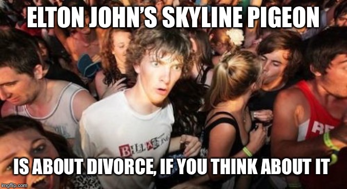 Most of all, please free me from this aching metal ring... | ELTON JOHN’S SKYLINE PIGEON; IS ABOUT DIVORCE, IF YOU THINK ABOUT IT | image tagged in memes,sudden clarity clarence | made w/ Imgflip meme maker