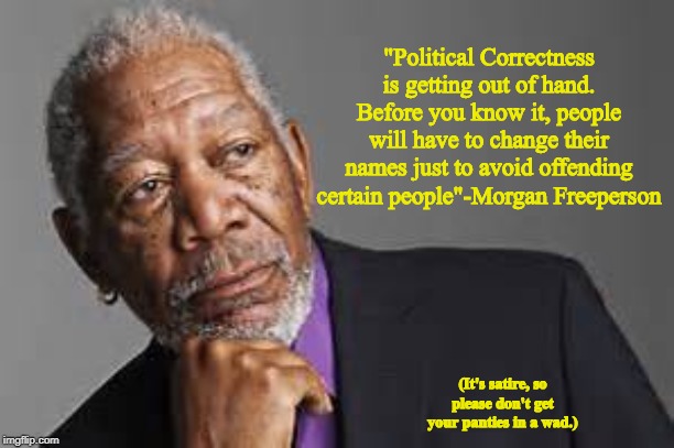For your consideration | "Political Correctness is getting out of hand. Before you know it, people will have to change their names just to avoid offending certain people"-Morgan Freeperson; (It's satire, so please don't get your panties in a wad.) | image tagged in deep thoughts by morgan freeman,political correctness,satire,memes | made w/ Imgflip meme maker