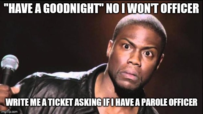 kevin heart idiot | "HAVE A GOODNIGHT" NO I WON'T OFFICER; WRITE ME A TICKET ASKING IF I HAVE A PAROLE OFFICER | image tagged in kevin heart idiot | made w/ Imgflip meme maker