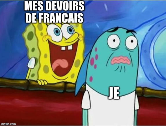 Spongebob yelling | MES DEVOIRS DE FRANCAIS; JE | image tagged in spongebob yelling | made w/ Imgflip meme maker