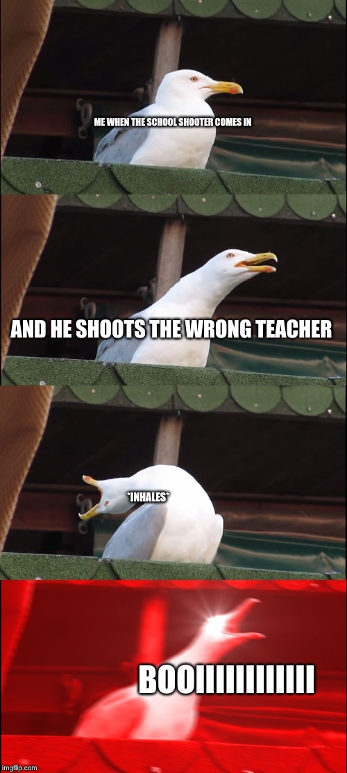 Inhaling Seagull Meme | ME WHEN THE SCHOOL SHOOTER COMES IN; AND HE SHOOTS THE WRONG TEACHER; *INHALES*; BOOIIIIIIIIIIII | image tagged in memes,inhaling seagull | made w/ Imgflip meme maker
