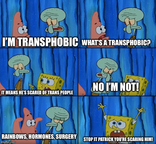 Stop it, Patrick! You're Scaring Him! | WHAT’S A TRANSPHOBIC? I’M TRANSPHOBIC; NO I’M NOT! IT MEANS HE’S SCARED OF TRANS PEOPLE; RAINBOWS, HORMONES, SURGERY; STOP IT PATRICK YOU’RE SCARING HIM! | image tagged in stop it patrick you're scaring him | made w/ Imgflip meme maker
