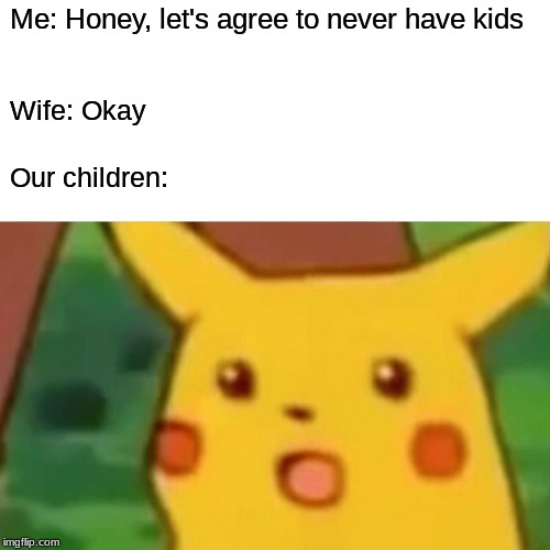 Surprised Pikachu Meme | Me: Honey, let's agree to never have kids; Wife: Okay; Our children: | image tagged in memes,surprised pikachu | made w/ Imgflip meme maker