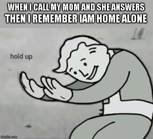 Ghosts? | WHEN I CALL MY MOM AND SHE ANSWERS; THEN I REMEMBER IAM HOME ALONE | image tagged in fallout hold up,home alone,memes,ghosts,mom | made w/ Imgflip meme maker