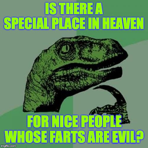 Philosoraptor | IS THERE A SPECIAL PLACE IN HEAVEN; FOR NICE PEOPLE; WHOSE FARTS ARE EVIL? EVIL | image tagged in memes,philosoraptor,gas passers,farts,beans,is heaven segregated | made w/ Imgflip meme maker