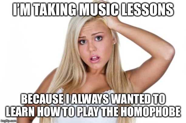 Dumb Blonde | I’M TAKING MUSIC LESSONS; BECAUSE I ALWAYS WANTED TO LEARN HOW TO PLAY THE HOMOPHOBE | image tagged in dumb blonde,memes,funny,homophobia,bad pun,bad puns | made w/ Imgflip meme maker