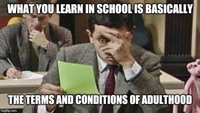 Mr bean exam | WHAT YOU LEARN IN SCHOOL IS BASICALLY; THE TERMS AND CONDITIONS OF ADULTHOOD | image tagged in mr bean exam | made w/ Imgflip meme maker