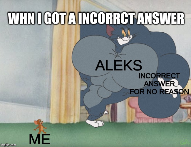 Aleks In nutshell | WHN I GOT A INCORRCT ANSWER; INCORRECT ANSWER FOR NO REASON; ALEKS; ME | image tagged in buff tom and jerry meme template | made w/ Imgflip meme maker