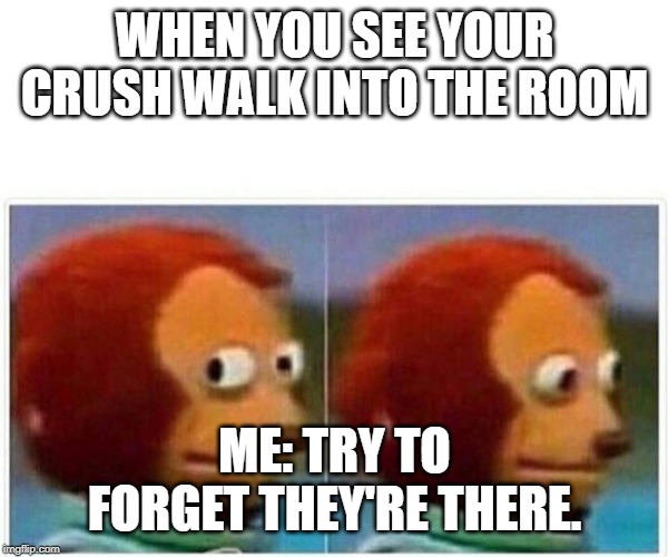 Monkey Puppet Meme | WHEN YOU SEE YOUR CRUSH WALK INTO THE ROOM; ME: TRY TO FORGET THEY'RE THERE. | image tagged in monkey puppet | made w/ Imgflip meme maker