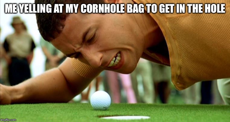 Happy Gilmore - go home | ME YELLING AT MY CORNHOLE BAG TO GET IN THE HOLE | image tagged in happy gilmore - go home | made w/ Imgflip meme maker