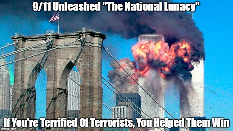 "If You're Terrified Of Terrorists, You Helped Them Win" | 9/11 Unleashed "The National Lunacy" If You're Terrified Of Terrorists, You Helped Them Win | image tagged in the national lunacy,terrorism,9/11 unleashed the national lunacy,americans trade freedom for security,a natiion of sheep,self te | made w/ Imgflip meme maker