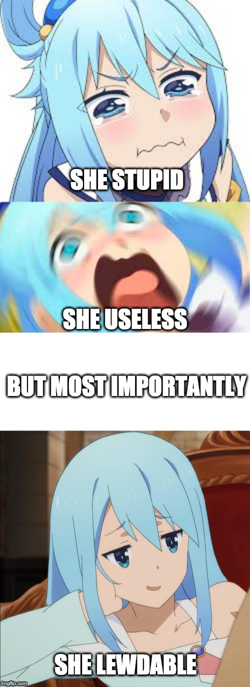 Top Three Traits of Aqua | SHE STUPID; SHE USELESS; BUT MOST IMPORTANTLY; SHE LEWDABLE | image tagged in anime,aqua,memes,stupid and useless,lewd,but most importantly | made w/ Imgflip meme maker