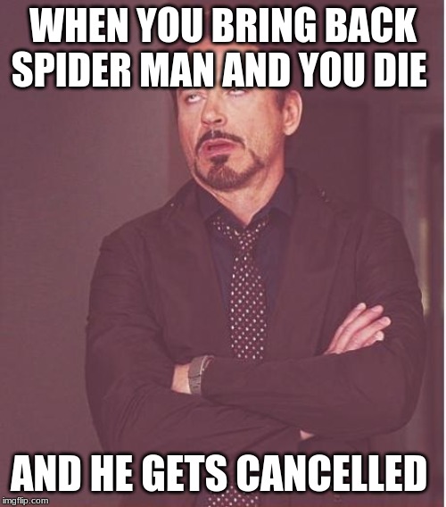 Face You Make Robert Downey Jr Meme | WHEN YOU BRING BACK SPIDER MAN AND YOU DIE; AND HE GETS CANCELLED | image tagged in memes,face you make robert downey jr | made w/ Imgflip meme maker